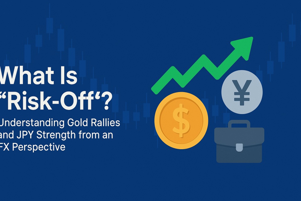 A digital banner illustration showing a rising gold chart, a strong Japanese yen symbol, and safe haven icons under a “Risk-Off” market theme.