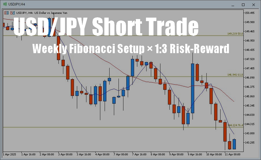 USD/JPY 4-hour chart as of April 11, 2025, 14:40 JST, showing a downward trend. Overlaid text reads “USD/JPY Short Trade” and “Weekly Fibonacci Setup × 1:3 Risk-Reward,” highlighting the trading strategy.
