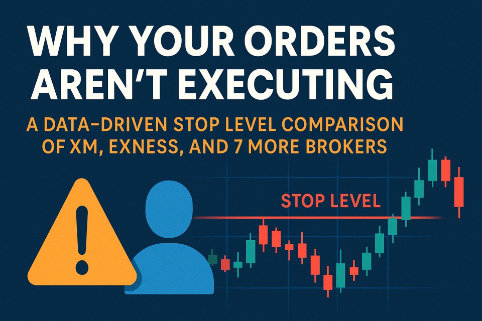 A wide-format digital graphic with a dark blue background showing an MT5-style trading interface, a bold warning icon labeled “Order Blocked,” and comparison charts representing multiple FX brokers. The title overlay reads: “Why Your Orders Aren’t Executing — Stop Level Comparison of 9 FX Brokers.”