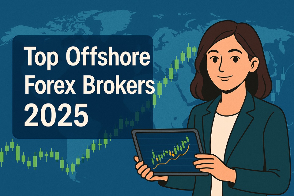 A flat-style digital illustration featuring a professional woman in business attire, smiling confidently. She is standing in front of a world map background with forex charts and trading interface elements. Bold text reads: "Top Offshore Forex Brokers 2025". The design conveys trust, global finance, and strategic comparison.