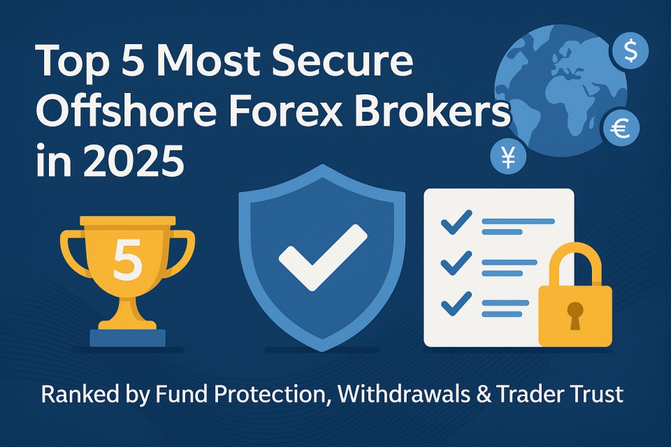 A professional horizontal banner showing the title "Top 5 Most Secure Offshore Forex Brokers in 2025." The background includes icons of shields, currencies (USD, JPY, EUR), a ranking podium, and a checklist, all in a blue and white color scheme symbolizing trust and financial security.
