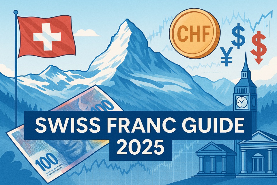 A sophisticated horizontal cover illustration for "SWISS FRANC GUIDE 2025." The image features the Swiss Alps under a clear blue sky, symbolizing Switzerland's geopolitical stability. The Swiss national flag stands prominently, with faint overlays of Swiss franc banknotes and a CHF/JPY currency chart in the background. The overall tone is calm and rational, using a blue, white, and red palette to reflect trust and neutrality.