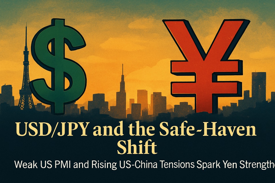 A digital illustration used as a cover image for a forex article. It features a stylized background of financial charts, candlestick graphs, and a world map overlay. The title "USD/JPY and the Safe-Haven Shift" is prominently displayed, with a subtitle reading "Weak US PMI and Rising US-China Tensions Spark Yen Strength." The design uses blue and gold tones to convey a professional, macroeconomic theme.