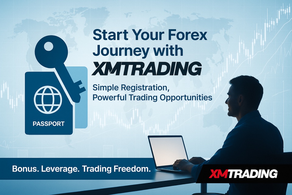 A promotional digital image for forex trading with XMTrading. It features a bright global chart background, a symbolic passport and key representing new trading opportunities, and a trader facing a computer screen with optimism. The color scheme includes white, blue, and XMTrading’s signature red and black accents.