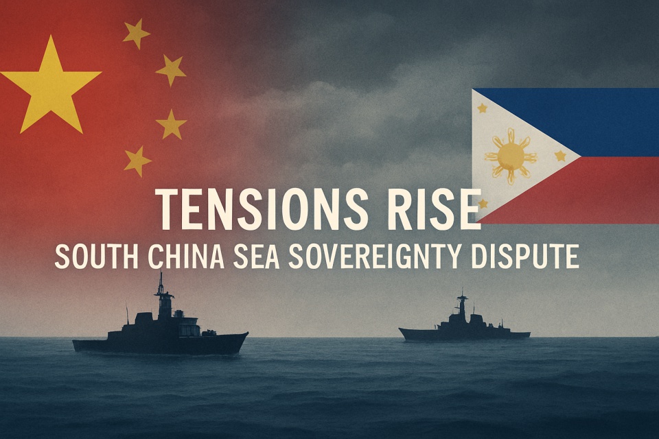 A muted ocean scene in the South China Sea under a cloudy sky, featuring the Chinese and Philippine flags on opposite sides, two naval ships facing off, and the text "TENSIONS RISE" emphasizing the growing geopolitical tensions.