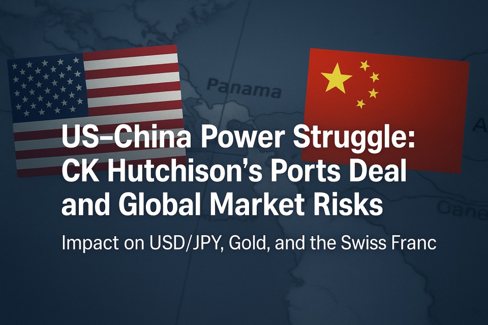 A digital graphic showing a stylized map of the Panama Canal with the American and Chinese flags facing off. The background uses dark blue and gray tones to evoke a tense atmosphere. The main text reads "US-China Power Struggle: CK Hutchison’s Ports Deal and Global Market Risks," with a smaller caption mentioning USD/JPY, Gold, and the Swiss Franc impacts.