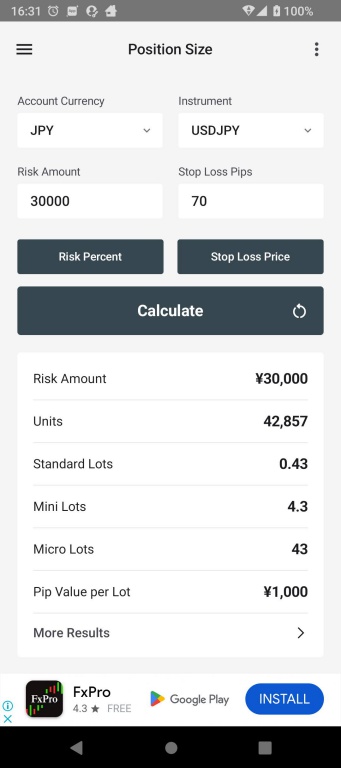 Screenshot showing the input screen for Position Size calculation in the Forex Calculators app.