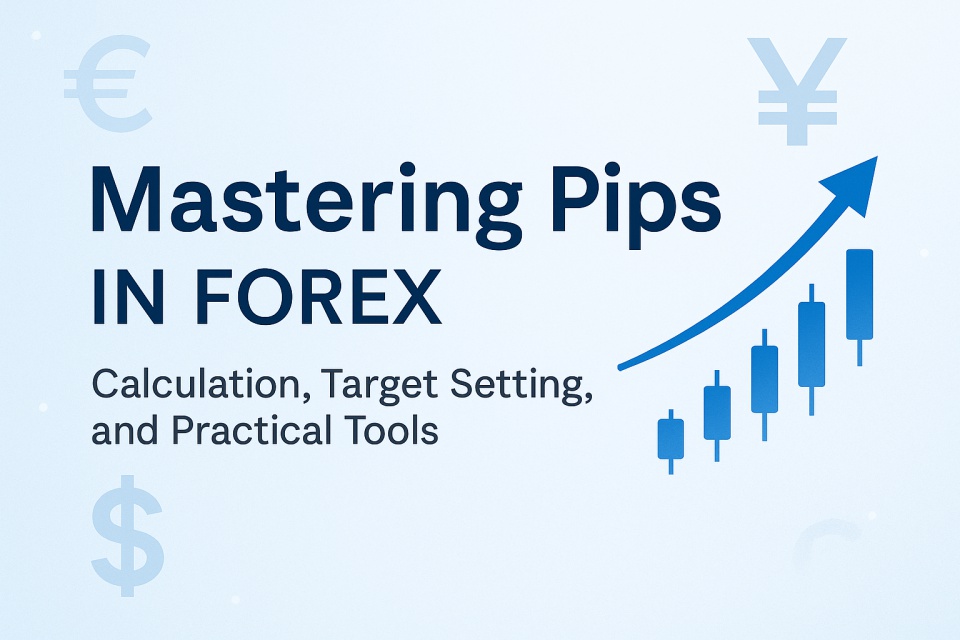 Digital graphic featuring the title 'Mastering Pips in Forex' with a subheading 'Calculation, Target Setting, and Practical Tools' on a clean blue gradient background. An upward arrow and subtle currency icons ($, €, ¥) are incorporated, symbolizing trading growth and success.