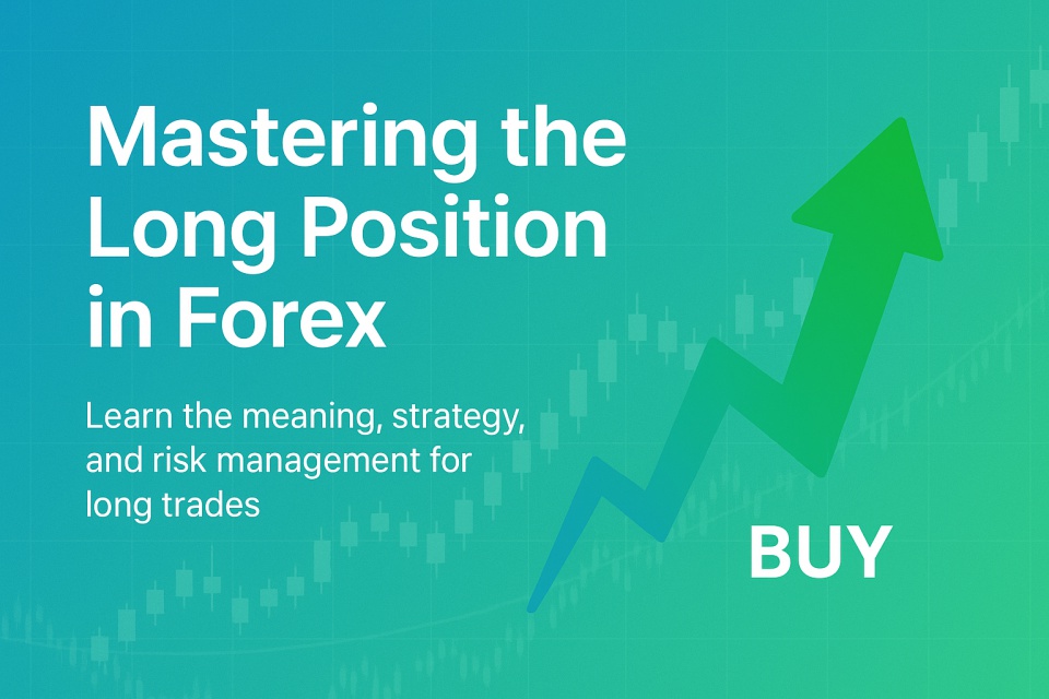 A clean Forex trading educational banner with the title “Mastering the Long Position in Forex” on a green-blue gradient background. It features a bold upward arrow labeled “BUY” and a subtle candlestick chart overlay, symbolizing long trade strategies and growth.