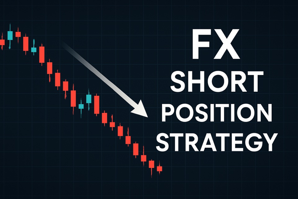 A visual concept showing a declining candlestick chart and the words 'FX Short Position Strategy', highlighting bearish market trends and trading decisions.