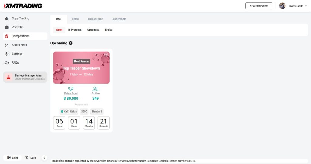 Screenshot of XM’s Members Area showing the Top Trader Showdown contest countdown, with a prize pool of $80,000 and 349 active participants. Event runs from May 7 to May 22.