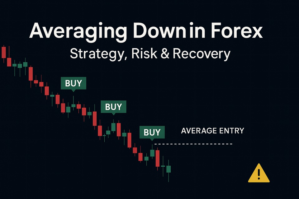 A digital Forex candlestick chart showing a downward trend with multiple "Buy" markers at lower price levels, illustrating the concept of averaging down. A dotted line indicates the average entry price, and a small warning icon is visible, suggesting the associated risk. The title text reads: “Averaging Down in Forex: Strategy, Risk & Recovery.”