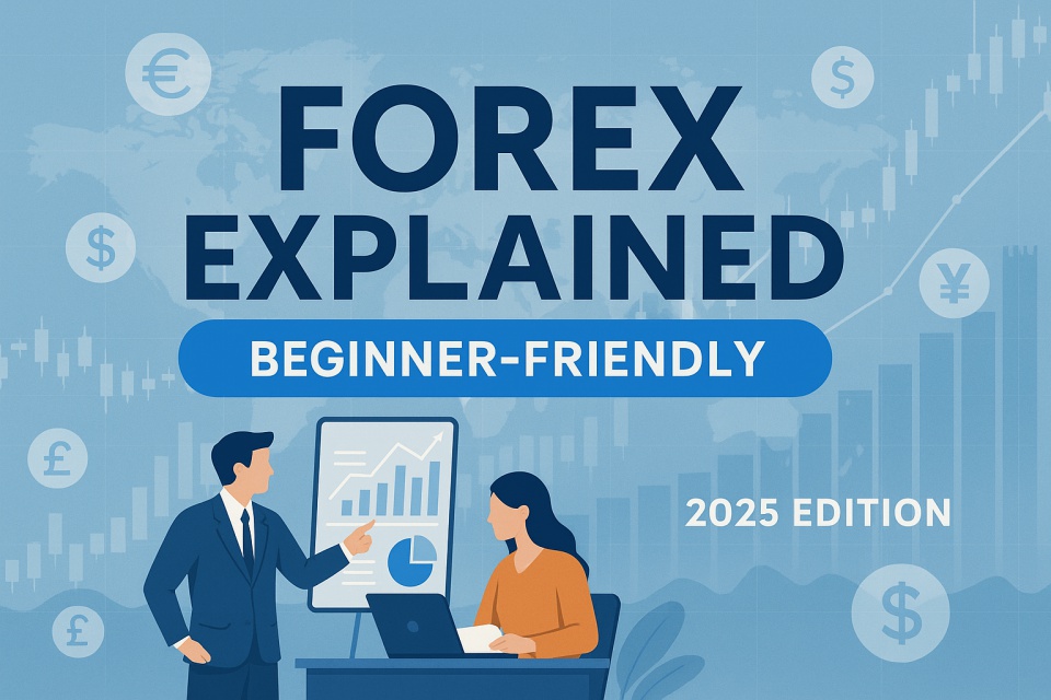 A professional-style cover image with the title “Forex Explained” and a ribbon reading “Beginner-Friendly.” Background features global currencies and charts, with two traders analyzing data.