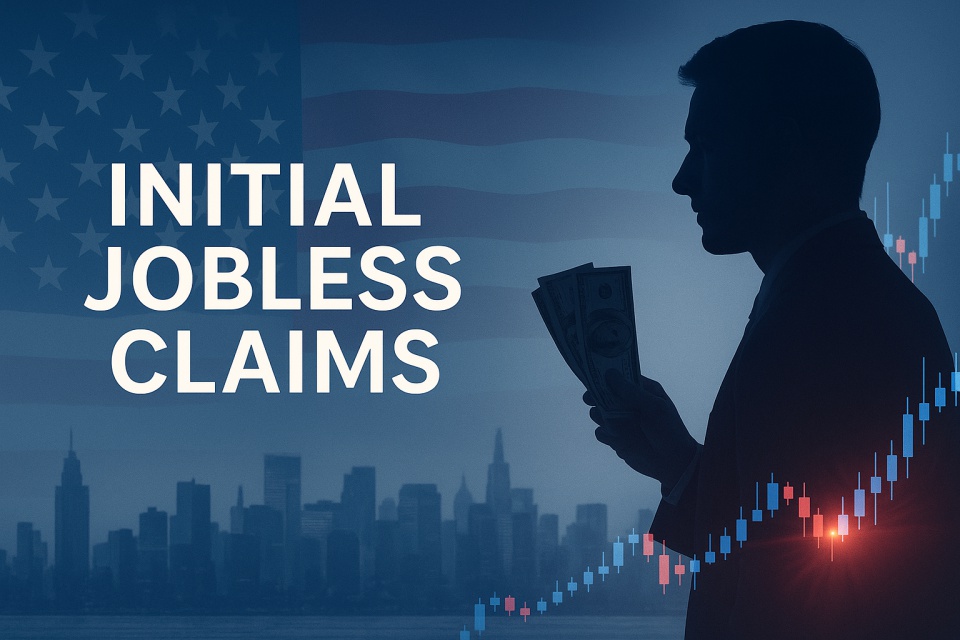 A digital cover image featuring the text “Initial Jobless Claims” over a faded American flag and city skyline background. On the right, a silhouette of a man holding U.S. dollar bills faces a glowing USD/JPY candlestick chart, symbolizing the impact of U.S. labor data on the Forex market.
