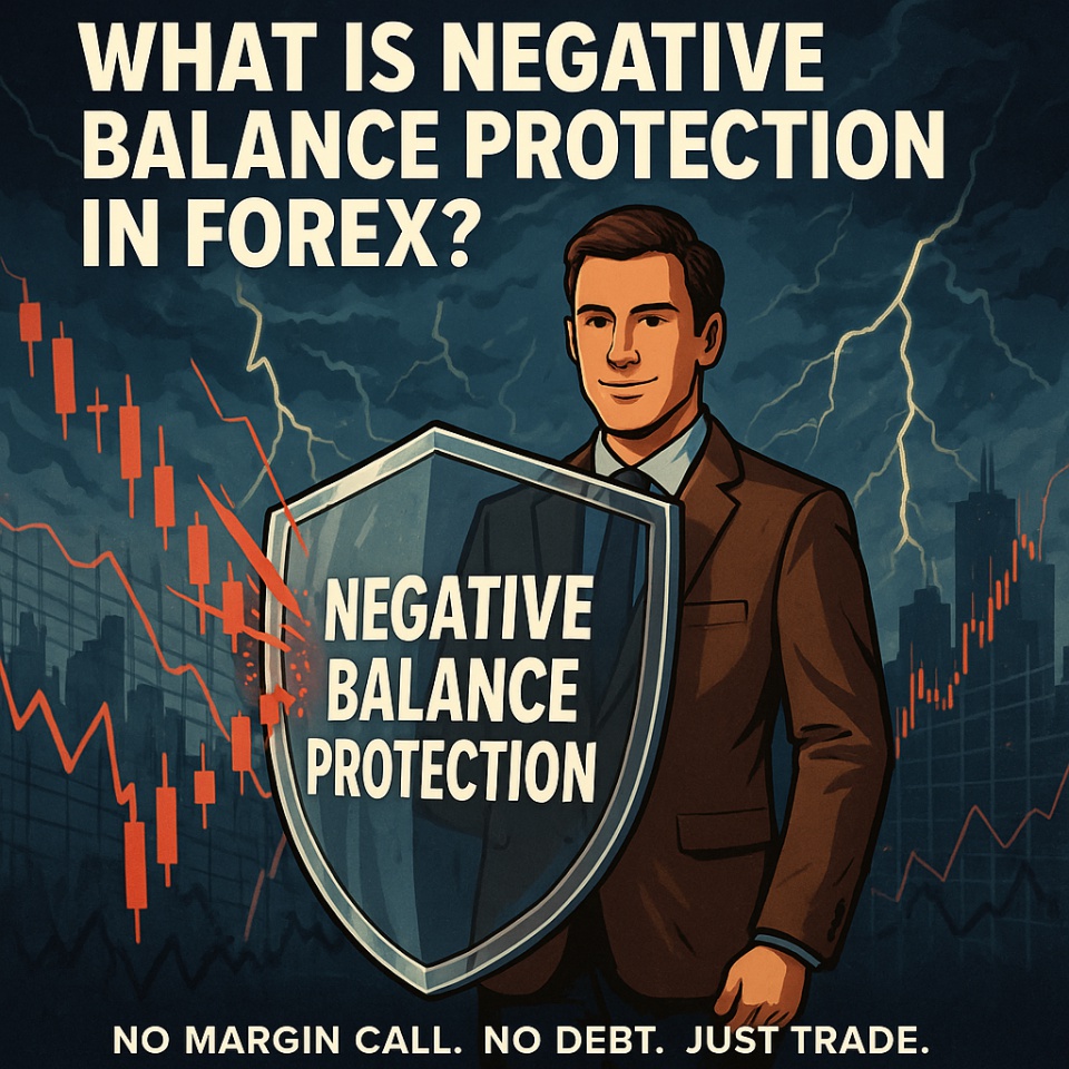 A digital illustration of a calm forex trader standing with a large shield labeled 'Negative Balance Protection', facing a stormy financial cityscape with lightning in the sky. The scene symbolizes protection from market volatility.