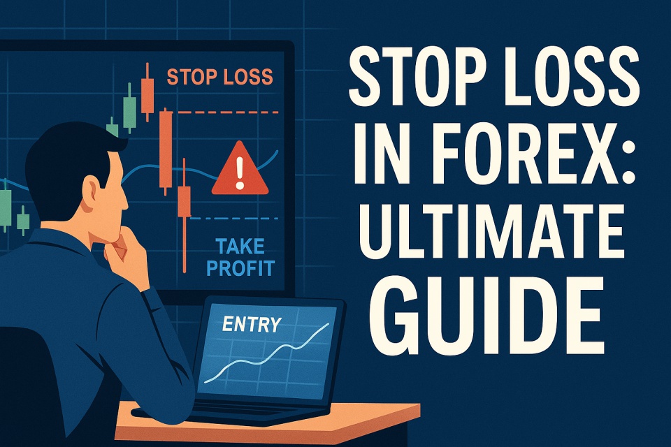A 2D digital illustration showing a trader analyzing a forex chart on a monitor. The screen displays a red candlestick breaking below a "STOP LOSS" level, a triangular warning icon, and a "TAKE PROFIT" label. The main title “STOP LOSS IN FOREX: ULTIMATE GUIDE” appears prominently on the right in bold white text.