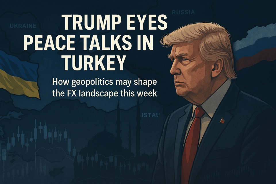 A digital illustration featuring former President Donald Trump in profile, set against a stylized map of Eastern Europe. The background includes faint overlays of the Ukrainian and Russian flags, with Istanbul’s Blue Mosque silhouette symbolizing the planned peace talks location. Currency symbols and FX candlestick charts are subtly integrated into the lower section. The image includes the text: “Trump Eyes Peace Talks in Turkey — How geopolitics may shape the FX landscape this week.”