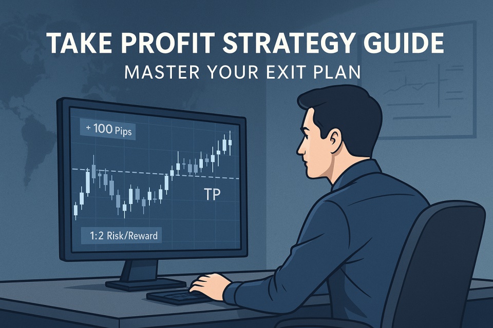 A digital illustration of a focused trader watching a candlestick chart on a widescreen monitor. The chart displays a Take Profit (TP) line, a "+100 pips" label, and a "1:2 Risk/Reward" box. The workspace is calm and professional, with cool blue and gray tones emphasizing a strategic trading atmosphere.