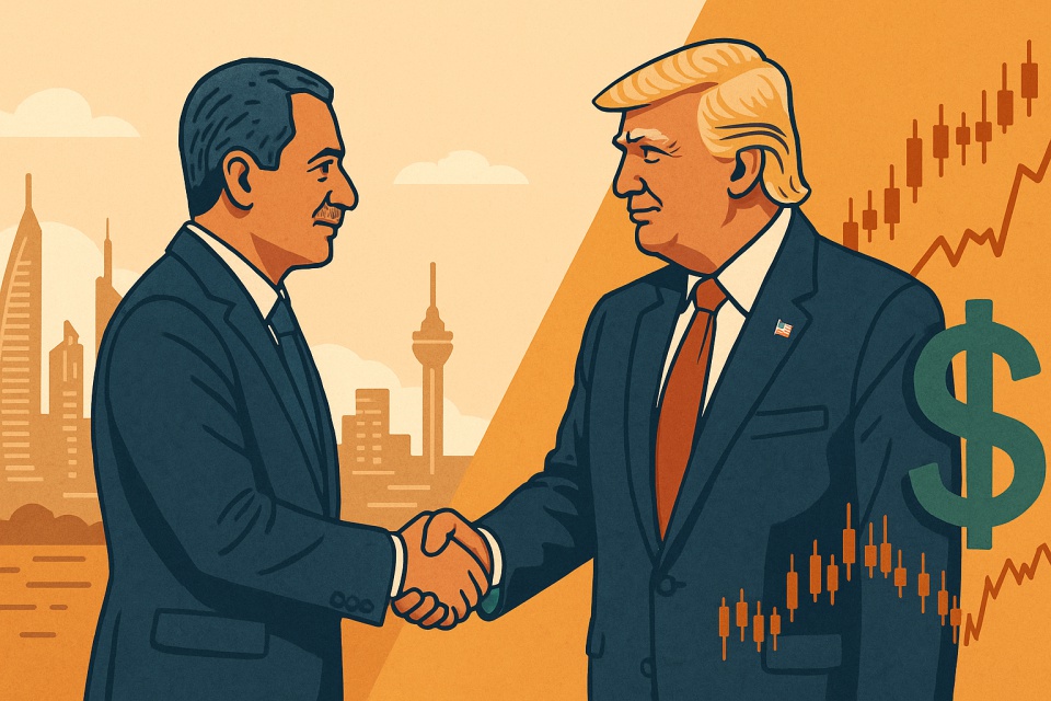 Illustration of U.S. President Donald Trump shaking hands with Syria’s interim leader Ahmed al-Sharaa in Riyadh, with Middle Eastern cityscape on the left and financial market symbols (USD/JPY chart) on the right — representing geopolitical easing and risk-on sentiment.