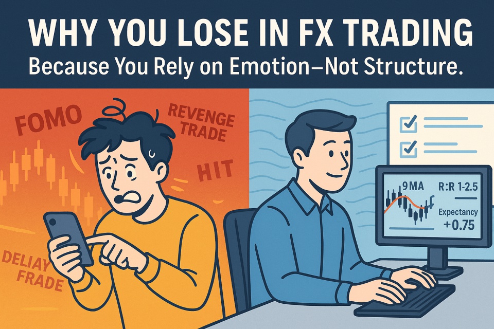 A digital illustration split into two halves. On the left, a stressed-out Forex trader reacts emotionally to market movements, surrounded by chaotic red candlestick charts. On the right, a calm, focused trader follows a structured plan with charts, a risk-reward strategy, and a checklist in front of them. The text reads: “Why You Lose in FX Trading – Because You Rely on Emotion—Not Structure.”