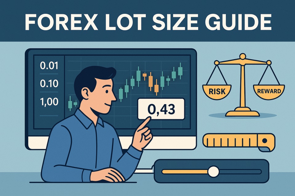 A flat-style illustration showing a Forex trader adjusting lot size settings on a digital trading platform. Floating text elements display values like “0.01,” “0.10,” and “1.00,” alongside a risk-reward scale and candlestick chart in the background. The scene emphasizes precision and risk management in Forex trading.