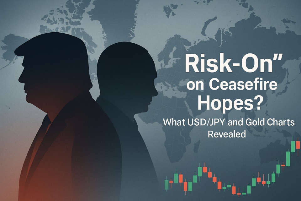 A digital illustration featuring silhouettes of Donald Trump and Vladimir Putin standing back to back, with a map of Europe and Russia in the background. USD/JPY and XAU/USD candlestick charts are overlaid, symbolizing the financial market’s reaction to ceasefire news.