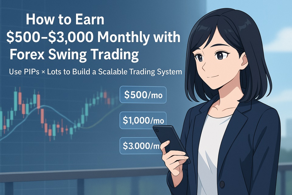 Anime-style illustration of a confident Japanese woman trader (Ama-chan) holding a smartphone and checking the USD/JPY 8-hour chart. Floating text shows monthly income goals: "$500/mo", "$1,000/mo", "$3,000/mo". The scene suggests a calm and independent swing trading lifestyle.