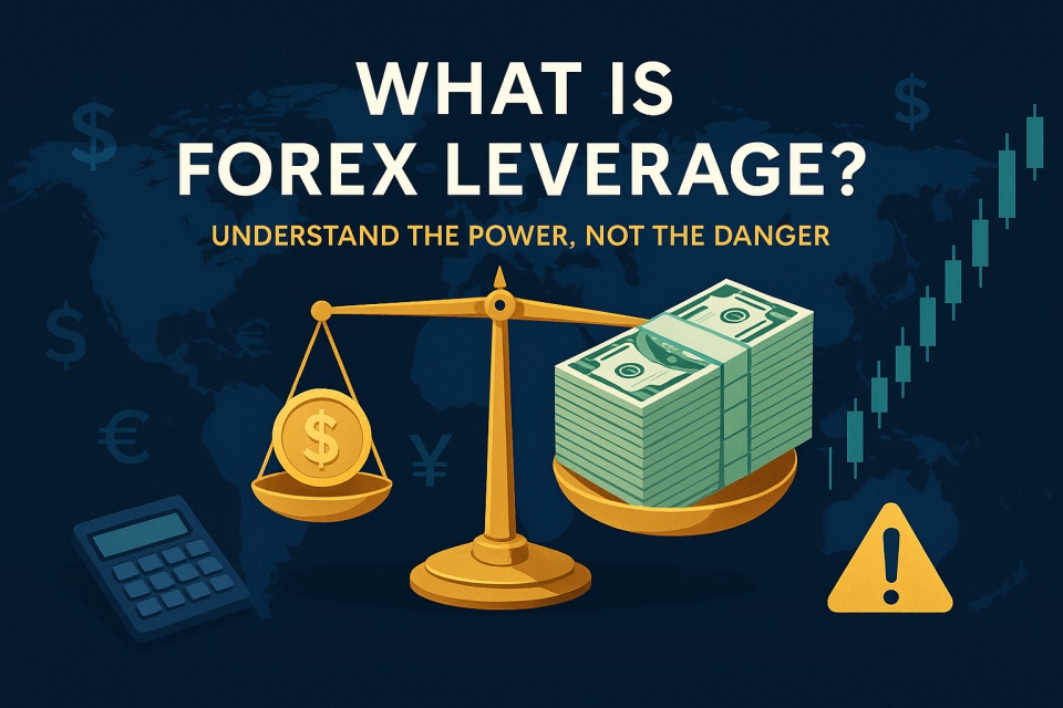 Horizontal 16:9 cover image showing a stylized balance scale representing Forex leverage. On the left, a small coin; on the right, a large stack of US dollar bills. In the background, a world map with floating currency symbols ($, €, ¥). A digital candlestick chart, calculator, and warning icon are subtly integrated. Colors: deep blue background with gold and green accents. Overlay text: “What Is Forex Leverage?” “Understand the Power, Not the Danger”