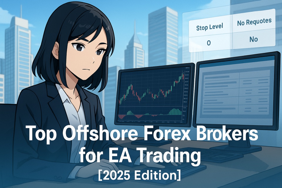 A digital illustration features a young, professional-looking Japanese woman with shiny black shoulder-length hair in a sharp pantsuit, seated at a desk in a bright global financial district. She analyzes EA trading charts and broker comparison data on dual monitors. A glowing overlay on the right shows terms like “Stop Level 0” and “No Requotes.” The bottom of the image displays the headline: “Top Offshore Forex Brokers for EA Trading [2025 Edition].”