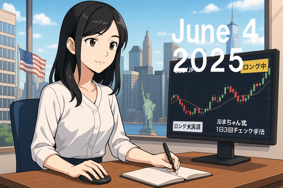 A 2D anime-style digital illustration of a young Japanese woman trader sitting at a desk with large windows overlooking the bright skyline of Wall Street, New York. She has sleek black shoulder-length straight hair and wears a white blouse with navy trousers. She smiles calmly while operating a computer mouse with her right hand and writing in a trading journal with her left. Her monitor displays an 8-hour USD/JPY candlestick chart with a bullish candle breaking above the 9MA. A small floating sticky note reads “Short Closed → Long Active.” The scene is filled with natural daylight, and a faint ticker tape scroll appears across the distant buildings.
