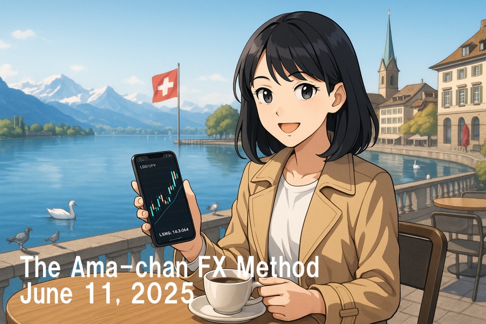 Ama-chan, a Japanese female trader, sits at a lakeside café in Zurich, smiling brightly while checking a USD/JPY chart on her smartphone. She wears a beige trench coat and white shirt, holding a coffee cup in her left hand. The background features the Swiss flag, the Alps, Lake Zurich, and historic buildings.