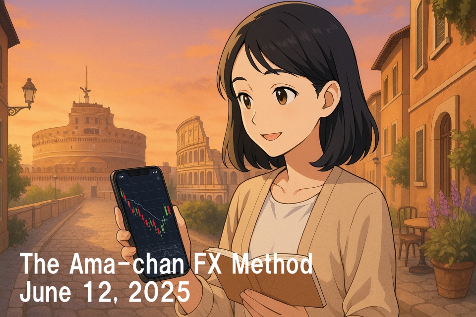 Against the backdrop of a sunrise-lit Roman street, a 28-year-old Japanese female trader named Ama-chan checks the USD/JPY chart on her smartphone. Iconic landmarks like the Colosseum and Castel Sant'Angelo appear behind her, with cobblestone paths, cafes, and flowers bathed in soft morning light.