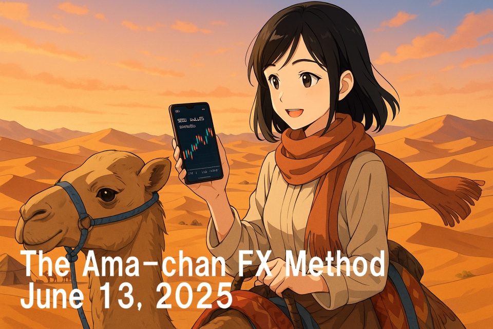 Ama-chan, a young Japanese woman, rides a camel through the Moroccan desert while checking a forex chart on her smartphone. The golden sand dunes stretch across the sunset-lit landscape, with distant tents and camel silhouettes in the background. Her cheerful expression and wind-blown scarf capture the spirit of a traveling trader.