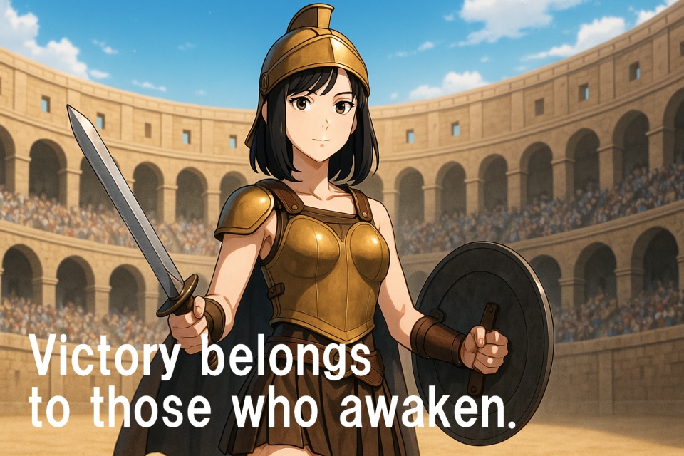 A confident female gladiator stands in the center of an ancient Roman Colosseum, clad in bronze armor with a sword and shield. Her straight black hair and composed expression reflect strength, focus, and the resolve of a seasoned warrior. The arena behind her is filled with a silent crowd, witnessing the moment before battle.