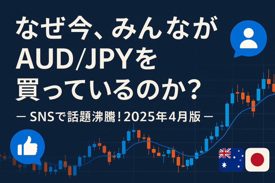「なぜ今、みんながAUD/JPYを買っているのか？」というキャッチフレーズが中央に配置されたデジタルカバー画像。背景には上昇中のローソク足チャート、SNSの吹き出しアイコン、オーストラリアと日本の国旗があしらわれ、SNS上での話題性と相場分析を象徴する構成。色調は青・白・金を基調に、洗練された金融系デザイン。
