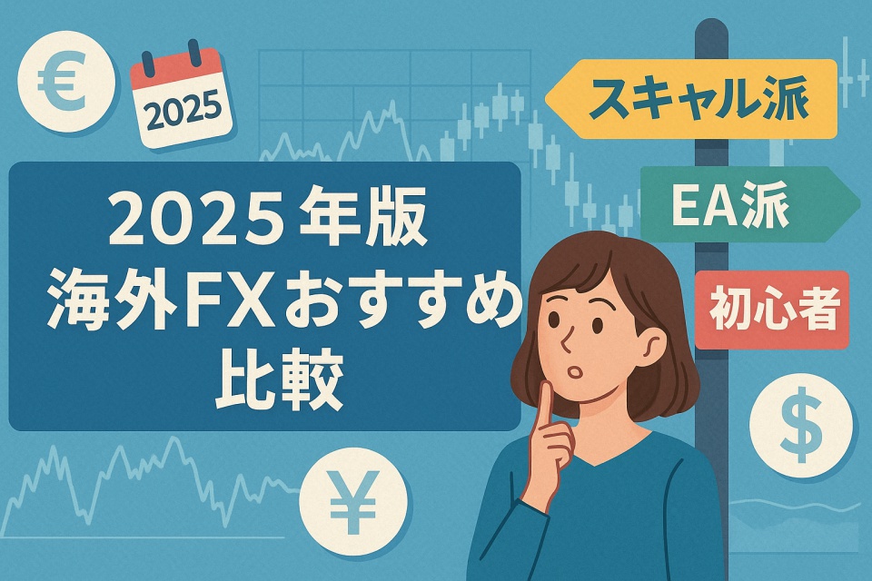 女性トレーダーが真剣な表情で複数の海外FXブローカーを比較している様子を描いたイラスト。背景にはチャートラインと通貨記号が浮かび、「2025年版 海外FXおすすめ比較」のテキストが目立つ形で配置されている。