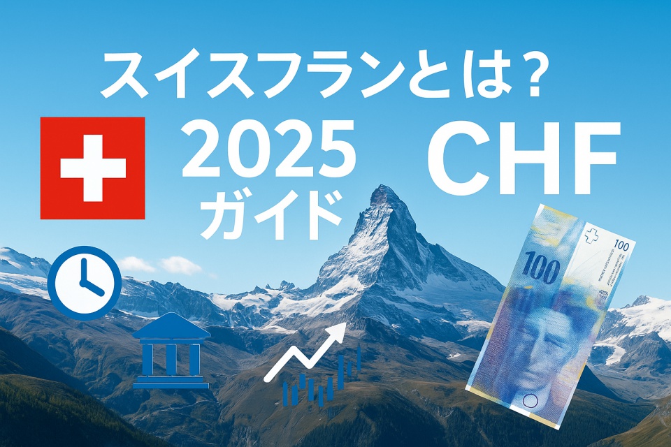 「スイスフラン完全ガイド2025年版」のカバー画像。晴天の青空と雄大なアルプス山脈が描かれた風景に、白く輝くタイトル文字「スイスフランとは？金利・為替・安全資産の特徴から今後の見通しまで完全ガイド【2025年最新版】」が美しく重なる。清涼感と信頼性を感じさせるデザイン。