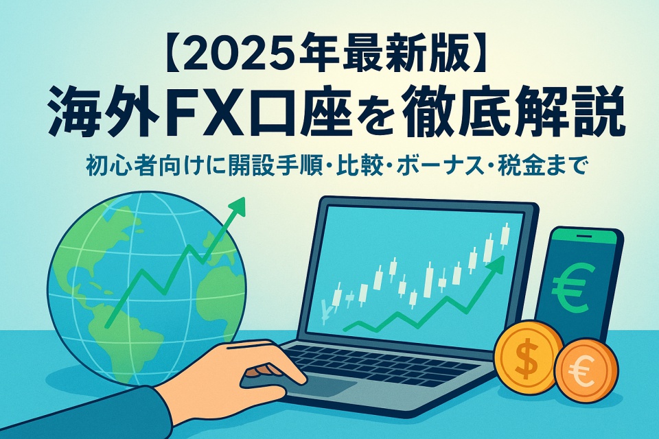 2025年最新版の海外FX口座解説をテーマにした横長イラスト画像。中央に「海外FX口座を徹底解説」という大きな見出しがあり、サブタイトルとして「初心者向けに開設手順・比較・ボーナス・税金まで」と記載。左側には緑の上昇グラフが重なった地球、右側にはロウソク足チャートを表示するノートパソコン、通貨記号（ドル・ユーロ）のコイン、スマートフォンが描かれている。