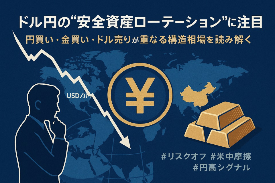安全資産ローテーションをテーマにしたイラスト風カバー画像。下落するドル円チャートを背景に、金の延べ棒と日本円シンボルが中央に強調され、米中摩擦を示す世界地図と経済指標の下落グラフが重ねられている。全体はネイビーブルーとゴールドを基調とした落ち着きのある色合い。