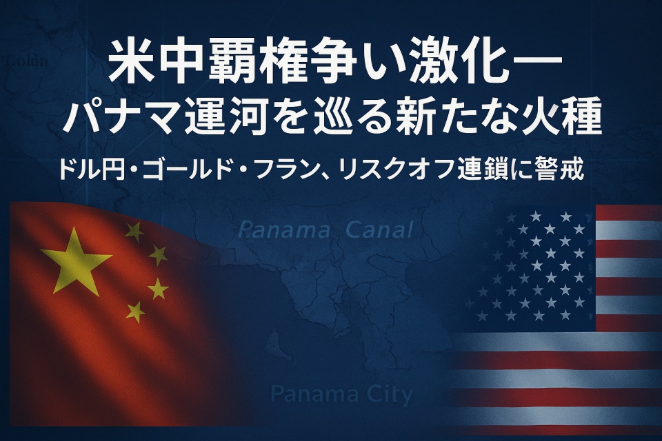 パナマ運河の地図を背景に、アメリカ国旗と中国国旗が対峙する構図。中央には「米中覇権争い激化──パナマ運河を巡る新たな火種」というキャッチコピー。全体は青みがかったグレー基調で、緊張感と国際情勢の重みを表現している。
