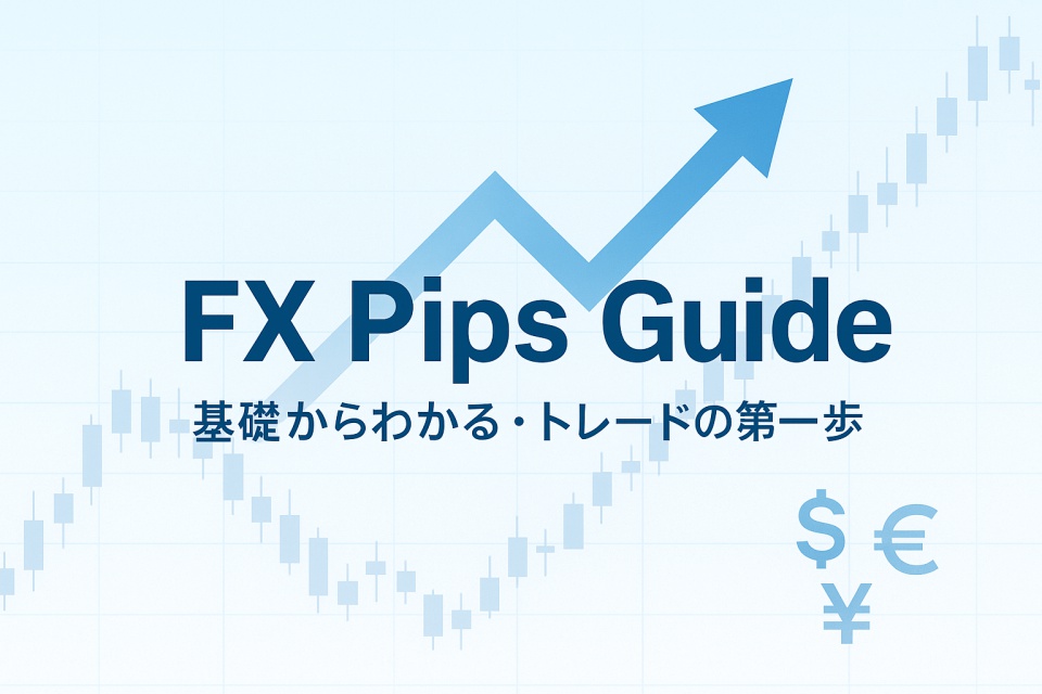 薄いブルー背景に上向き矢印とチャートラインが描かれたデザイン。中央に“FX Pips Guide”のタイトルと、“基礎からわかる・トレードの第一歩”というサブタイトルが配置され、右下にドル、円、ユーロの通貨アイコンが添えられている爽やかなカバー画像。