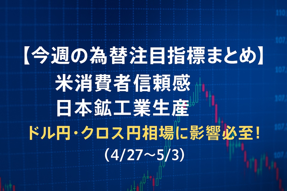 今週の為替注目指標まとめ（4月27日〜5月3日）を示すカバー画像。背景には世界地図と金融チャートのグラフィックが描かれ、中央に日本語で「今週の為替注目指標まとめ｜ドル円・クロス円相場警戒」と書かれている。