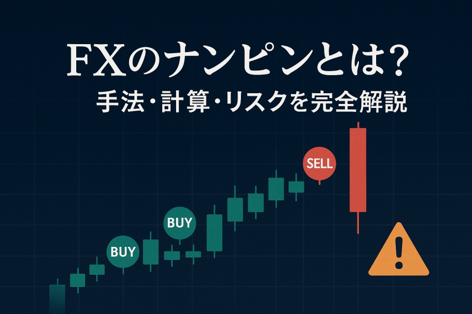 「FXのナンピンとは？手法・計算・リスクを完全解説」というタイトルが表示されたカバー画像。背景にはローソク足チャートが描かれ、緑色のBUYマークが複数配置され、右端に赤色のSELLマークと警告アイコンが表示されている。ナンピン戦略の積み上げとリスクを象徴する構図。