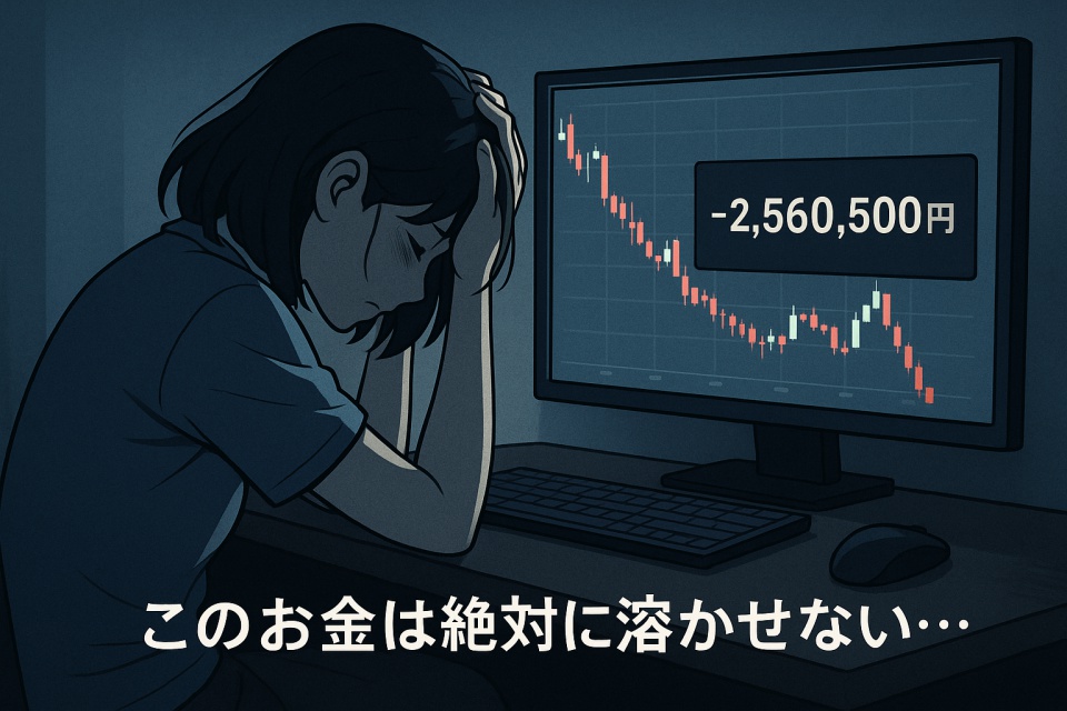 パソコン画面に為替チャートの急落が映し出され、評価損益「−2,560,500円」が表示される中、頭を抱えてうなだれる若い女性。画面下には「このお金は絶対に溶かせない…」という日本語の文字。