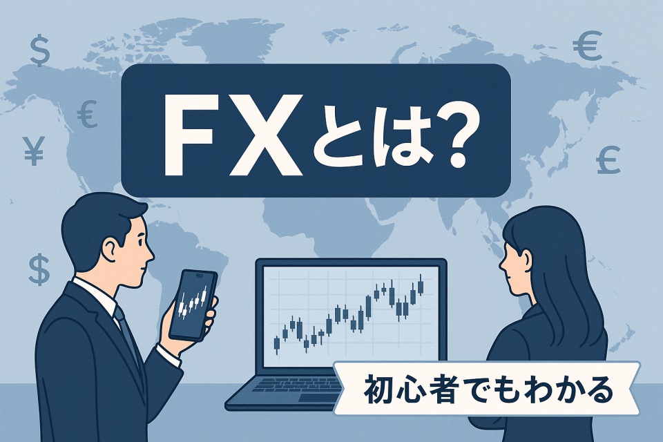 「FXとは？」という大きな見出しと、「初心者でもわかる」と書かれた帯が表示されたカバー画像。背景には世界地図と通貨記号（ドル・円・ユーロなど）が描かれ、スーツ姿の男女がチャートを見ながらスマホやPCで取引の様子を確認しているイラスト。