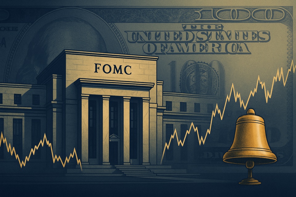 FOMC会見風の重厚な建物を背景に、米ドル紙幣と株価チャートのシルエットが交差し、金色の鐘が配置された経済ニュースのカバー画像。ネイビーブルーとダークグレーを基調に、緊張感と信頼感を演出。