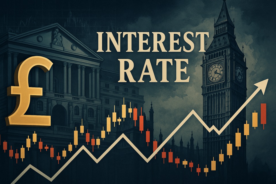 ロンドンの街並みとビッグベンを背景に、イギリスの政策金利を象徴する通貨記号ポンド（£）と上昇・下降するチャート線が描かれた金融イメージのイラスト
