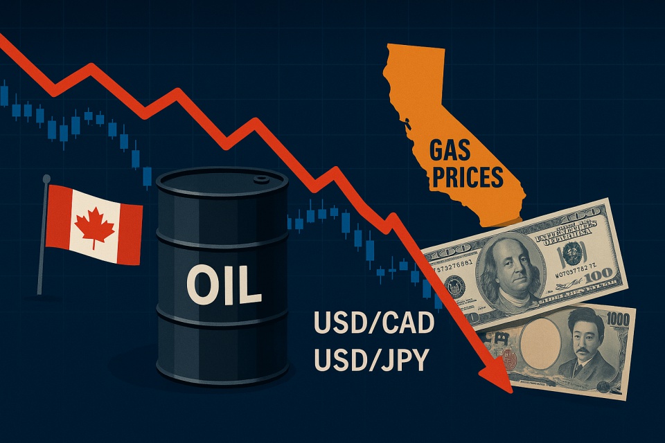 原油ドラム缶とWTIの下落チャート、カナダ国旗、米ドルと日本円が交差する構図で為替市場の変動を象徴。