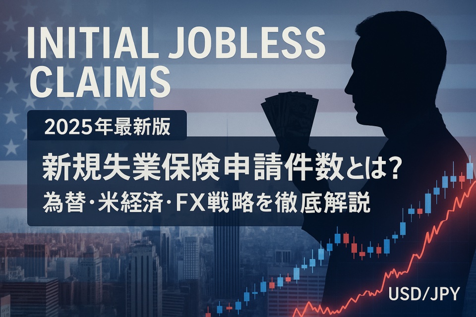 米国の都市景観を背景に、アメリカ国旗と“Initial Jobless Claims”の文字が重なり、失業保険申請件数の解説を示す日本語タイトルが配置されたカバー画像。右側にはドル紙幣を手にした人物のシルエットと、USD/JPYのチャートラインが浮かび上がる。