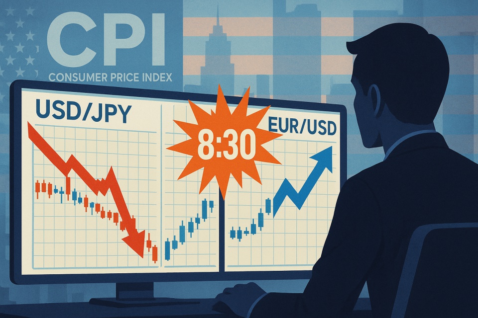 トレーダーがデスク前のモニターで米消費者物価指数（CPI）発表後の為替チャートを注視しているイラスト。左の画面には急落するUSD/JPY、右の画面には急騰するEUR/USDが表示され、中央には「8:30」の発表時刻が目立つように描かれている。背景にはアメリカの都市と国旗が重ねられ、緊張感と経済指標の重要性が強調されている。